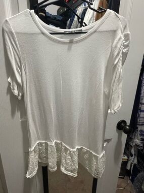 White Short Sleeve Top with Lace Hem